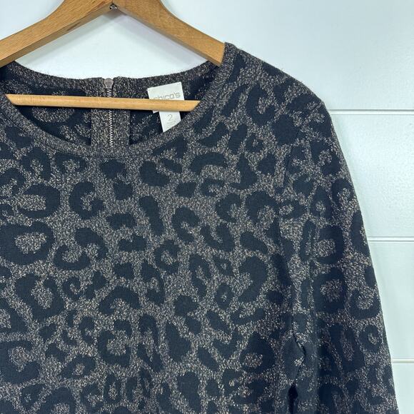 Chico's Leopard Print Long Sleeve Pullover Sweater Metallic Black sz 2 / Large - Picture 3 of 8